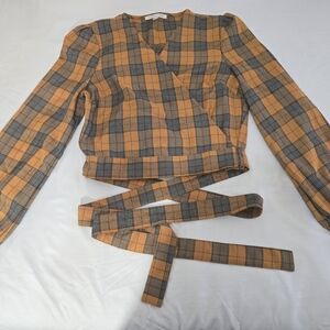 Plaid Wrap Blouse with Tie - Orange/Black